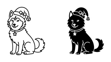 Christmas Husky Duo: A charming pair of husky dogs, one in outline and the other in silhouette, both adorned with festive Santa hats and bells, sit ready for holiday cheer. © akash