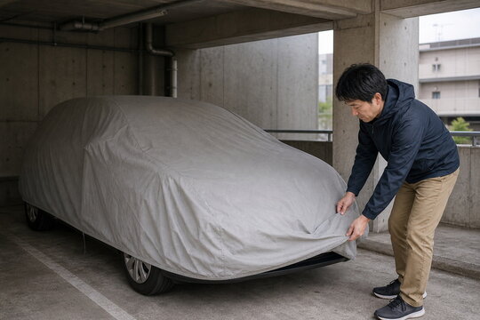 駐車場で車カバーを整える台風前の強風対策