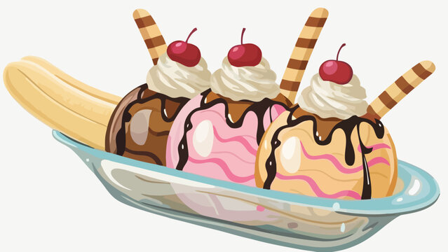Classic banana split ice cream sundae with cherries and wafers, whipped cream