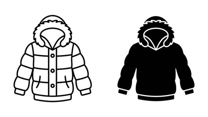 Winter Jacket Icon: A stylized icon featuring a warm winter jacket with a fur-lined hood, presented in both outline and silhouette forms. © afrin
