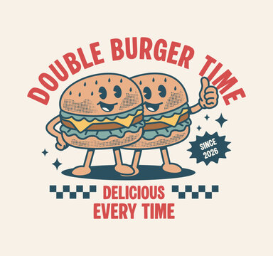Retro burger mascot  cartoon character in vintage style. Hand drawn vector illustration for t shirt, restaurant logo, sticker, branding, poster, and print design