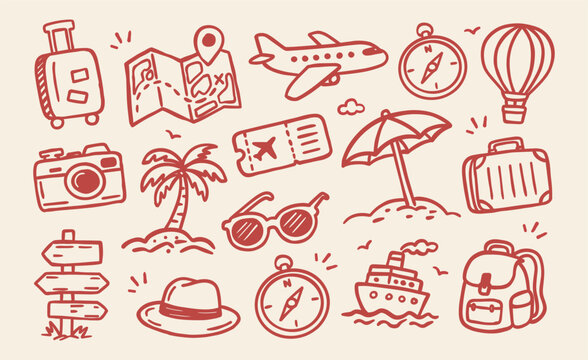 Travel vacation doodle icon set in hand drawn outline style with transportation, luggage, navigation, and beach elements. Vector collection for stickers, planners, branding, and print