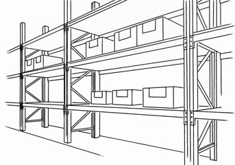 Warehouse shelving with boxes line art illustration. © Nuri