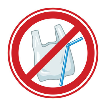 Plastic Bag and Straw Prohibition Sign Illustration