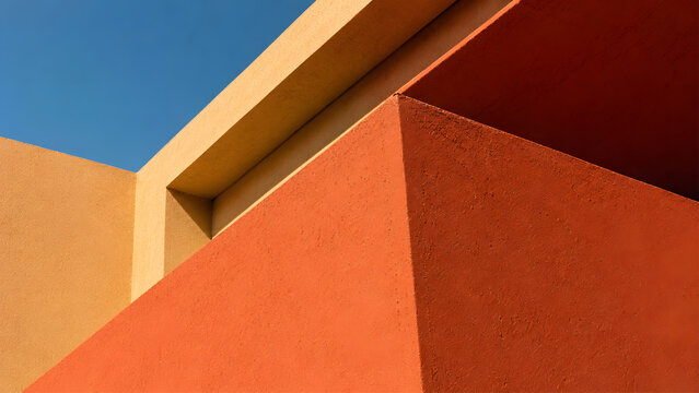 Abstract modern orange and beige concrete architecture on blue sky background