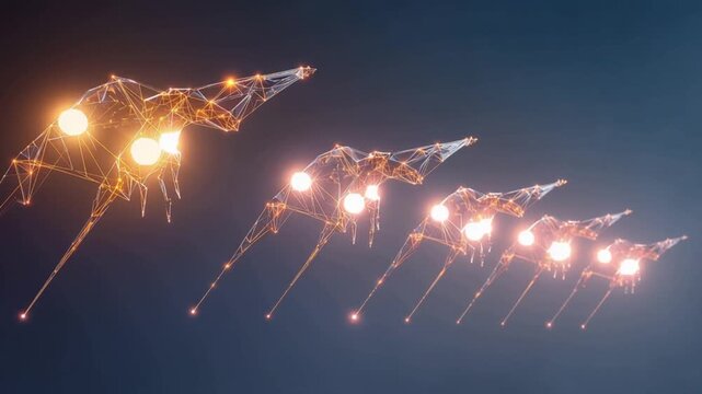 A digital art illustration depicts a futuristic, abstract formation of glowing, interconnected technological entities soaring through a dark. ..Created with Generative AI, not depicting real subjects.