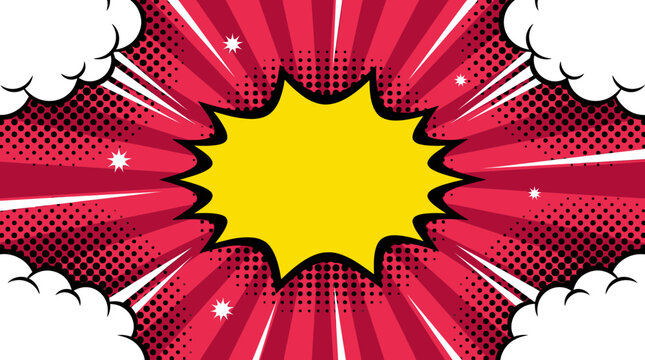 A comic book-style explosion with red rays and white clouds bursts out.
