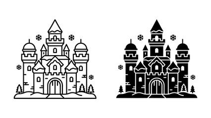Winter Castle Icon Set: A detailed icon set featuring a snow-covered castle with multiple towers and flags, surrounded by falling snowflakes and stylized trees. © Ajm