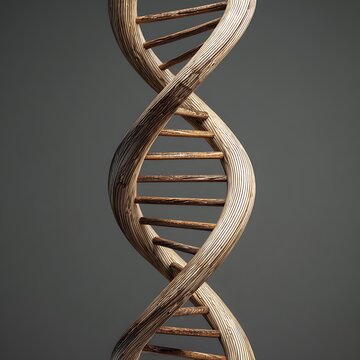 Wooden DNA double helix structure featuring intricate grain patterns and organic textures isolated against a neutral gray surface for scientific and medical presentations