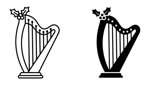 Christmas Harp Icon: A stylized illustration of a harp adorned with holly and berries, presented in both outline and solid black fill versions, perfect for festive holiday designs.