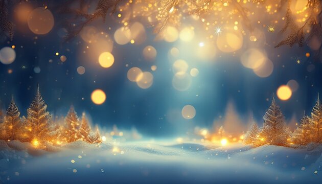 Abstract Magic Winter Landscape With Snow And Golden Bokeh Lights Banner Panorama