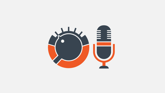 Microphone and magnifying glass logo.