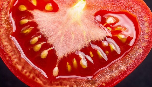 Tomato Slice Macro Natural Background Juicy Red Tomato Slice Closeup With Flesh Seeds And Textures