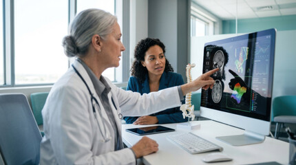 Fototapeta premium Doctor And Patient Analyzing Medical Scan Results On Screen