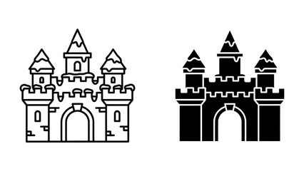 Fairytale Castle Icons: A pair of stylized castle icons, one in outline and the other in solid black, depict a classic fairytale fortress with turrets and battlements. © afrin