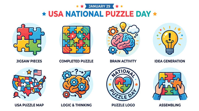 USA National Puzzle Day celebrates brain activity with jigsaw prices and logic thinking on a map.