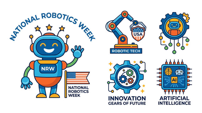 Robot celebrates National Robotics Week with robotic arm and gear innovation.