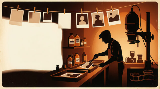 Silhouette of a photographer working in a darkroom with hanging and chemicals generated using ai