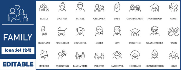 Family icon set. Containing parents, mother, father, children, baby, grandparents and household icons. line icon collection. Vector illustration.