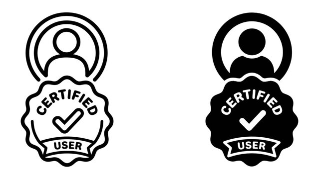 Certified User Badge Icons: A set of graphic icons representing a certified user, featuring a profile silhouette and a circular badge with checkmark, in both outline and solid black styles.