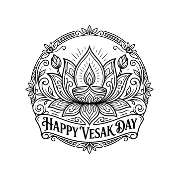 Happy Vesak Day Lotus Flower Diya Lamp Line Art.