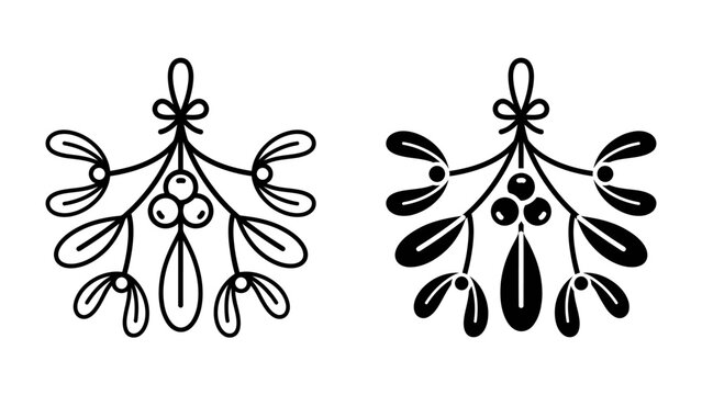 Mistletoe Decorative Elements: A charming black and white illustration of mistletoe sprigs, one outlined and the other filled, adorned with berries and leaves, perfect for festive designs.