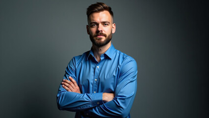 Fototapeta premium His arms crossed ar iteration beautiful A man in a blue shirt is posing for