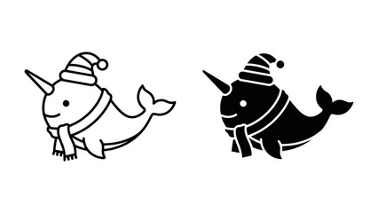 Cute Narwhal with Christmas Hat and Scarf: A charming cartoon narwhal, adorned with a festive Christmas hat and cozy scarf, is depicted in both line art and solid black silhouette. © sifat
