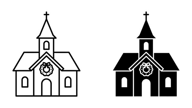 Church Icon Set: A set of two icons representing a church, one in outline and the other as a solid silhouette, both featuring a cross on the steeple and a festive wreath above the entrance.