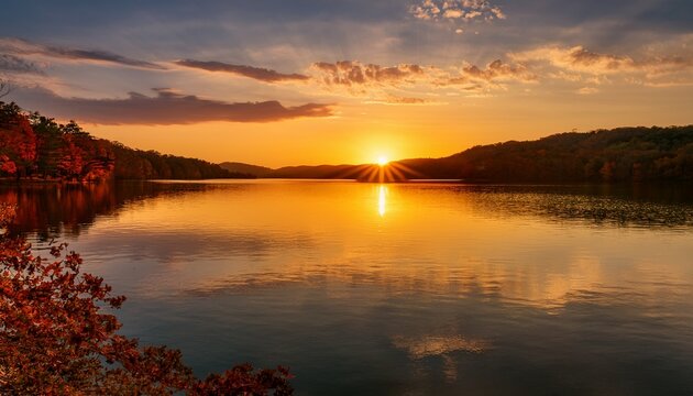 Serene Ozark Lake Sunset Tranquil Waters Reflecting Golden Hues