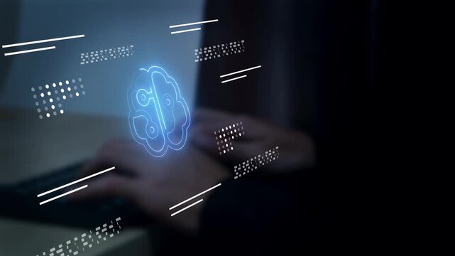 Business professional using AI-powered search interface with virtual chatbot and voice assistant on computer. Concept of artificial intelligence, machine learning, automation, smart technology.