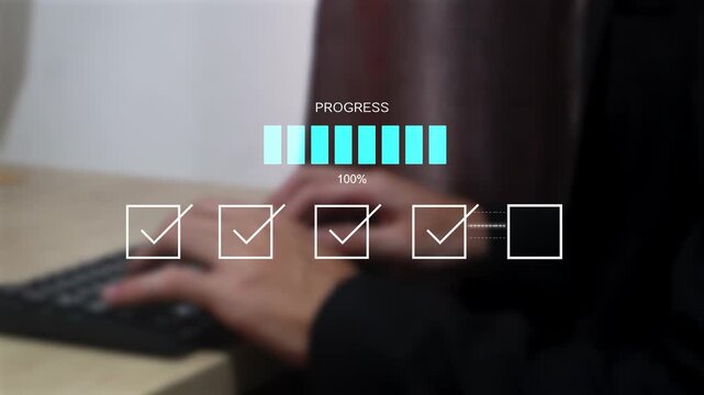Business workflow progress interface with digital checklist and task completion tracking, representing project management, process automation, productivity, milestone planning, workflow optimization.