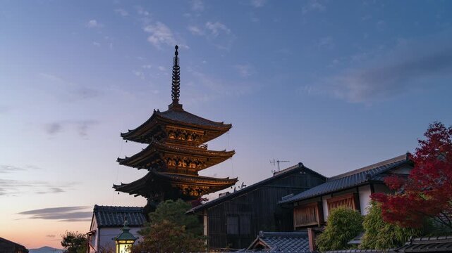 Dusk to night timelapse of the historic Gion district during autumn season in Kyoto, Japan. 