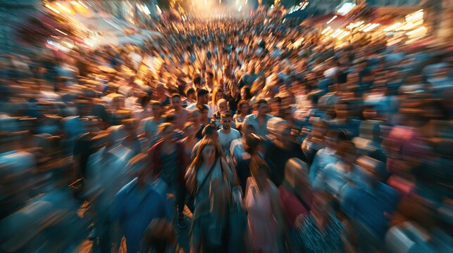 Long-exposure shot of a dense crowd moving through a European old-town street during an evening festival, with warm lights and motion blur creating a dreamlike atmosphere.
