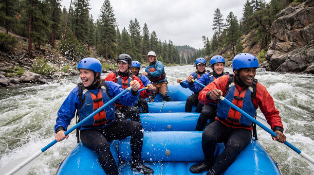 Rafting team in helmets paddles through whitewater river rapids with excited faces splashing water showing adventure tourism teamwork outdoor thrill in forest canyon adventure scene
