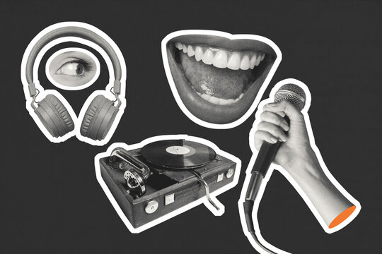 3D photo collage template artwork of vintage scrapbook sticker design silhouette headphones mouth smile hand hold microphone vinyl record