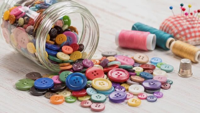 Glass jar spilling colorful sewing buttons across wooden table with thread spools, pincushion and thimble