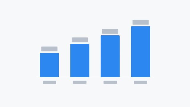 Animated blue column bar chart growing sequentially with minimalist target caps on a white background. Clean interface data metrics for target achievement and business performance.