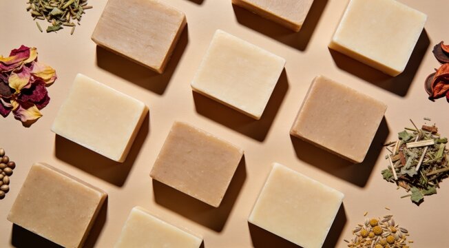 Artisanal Soap Collection: A curated arrangement of handcrafted artisanal soaps, showcasing subtle colors and natural ingredients like dried herbs and rose petals.