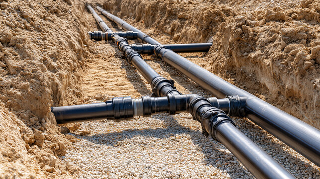 Underground polyethylene pipeline installation in excavation trench for municipal water and utility infrastructure