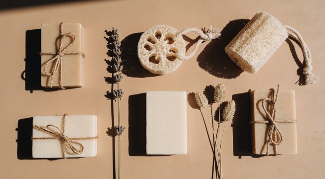 Natural Soaps and Loofahs: A collection of artisanal soaps and natural loofahs are artfully arranged with dried botanicals, evoking a sense of organic spa luxury and mindful self-care.