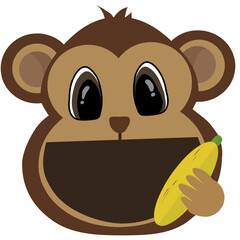 Cute Monkey Cartoon Character Holding Banana and Blank Brown Signboard