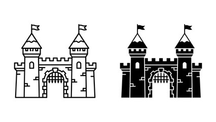 Castle Gate Entrance Icon: A stylized medieval castle gatehouse illustrated in both outline and solid black silhouette, featuring twin towers, flags, and a large arched entrance. © akash