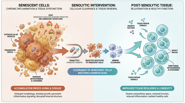 Senescent Versus Cleared Tissue Infographic For Senolytic Longevity Research