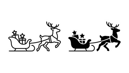 Santa's Sleigh Duo: A delightful duo of Santa's sleighs, one rendered in elegant outline and the other in solid silhouette, each pulled by a majestic reindeer laden with gift boxes and festive stars. © rumana