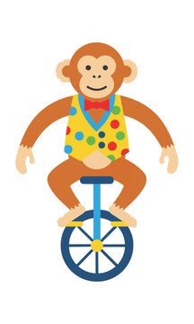 Playful monkey wearing a colorful polka-dot vest and bowtie riding a unicycle isolated on a white background, circus performer animal concept