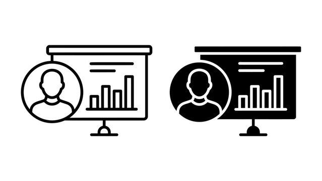 Presentation Icon: A clear and concise icon representing a presentation, featuring a projector screen with a bar chart and a user profile icon. Perfect for business, education.