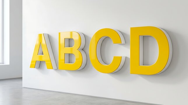 Yellow 3D alphabet letters ABCD on white wall, modern glossy plastic typography sign, bold corporate branding and education concept