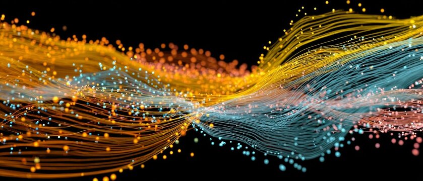 Glowing digital strands and particles flow dynamically against a dark background, symbolizing data transfer and connectivity.