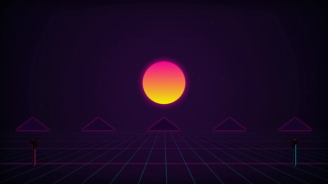 Retro Sunset Grid Landscape Animation - 80s Synthwave Neon Grid Scene